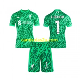 Camisolas de futebol Liverpool Alisson Becker 1 Guarda Redes Criança Equipamento Alternativa 2024/25 Manga Curta